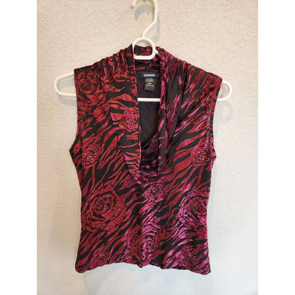 Vintage Y2K Express Womens Sz M Sleeveless Blouse Red Rose Zebra Print Scoop