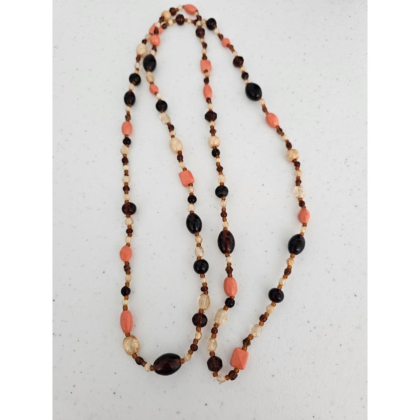 Vintage Mid Century Single Strand Long Beaded Necklace Glass Stone Orange Brown