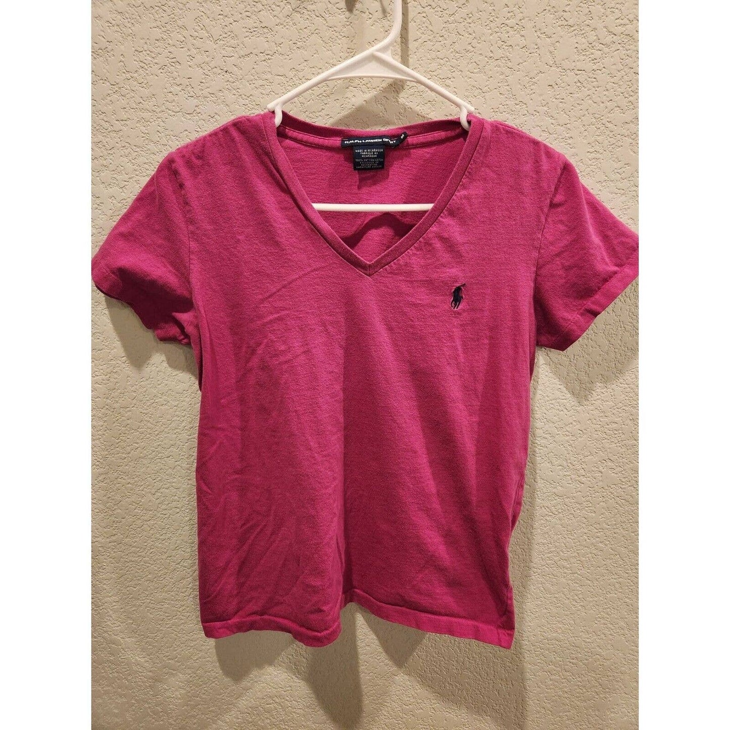 Vintage 1990s Ralph Lauren Sport Womens Sz M Short Sleeve V Neck T shirt Pink