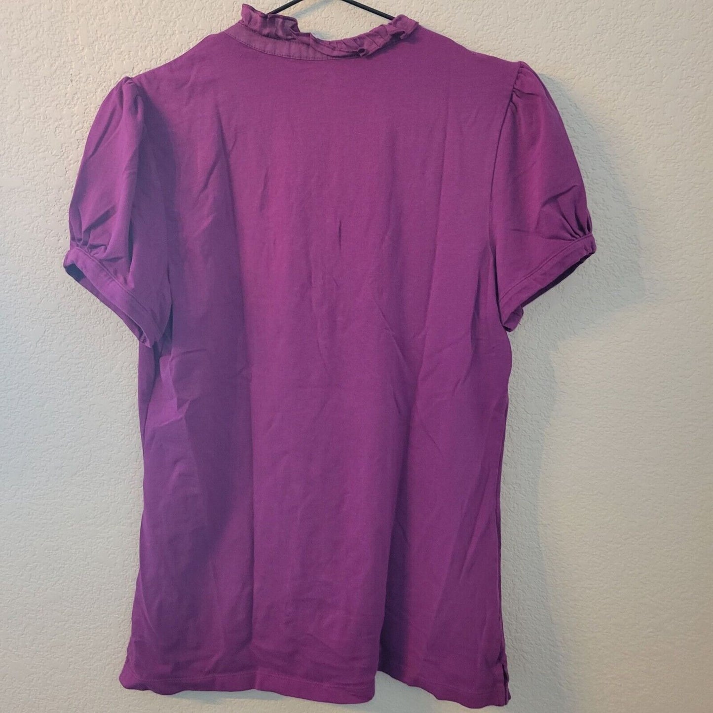 Vintage Old Navy womens Sz L Short Sleeve T Shirt Purple Ruffled Neckline