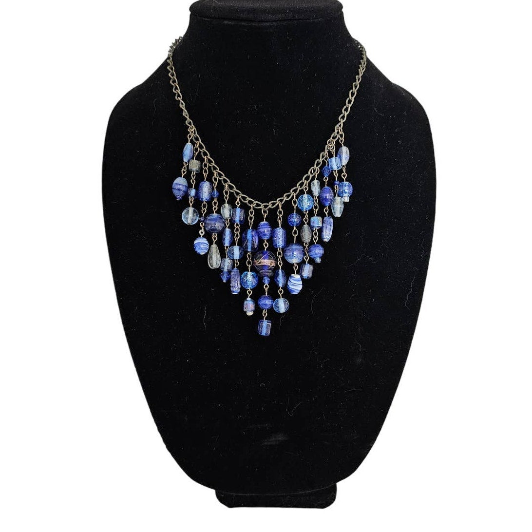 Vintage Y2K Bib Style Blue Glass Beaded Necklace Formal Chain