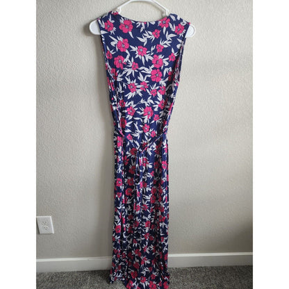 Liz Lange Womens Sz M Casual Maxi Dress Blue Pink White Floral Sleeveless
