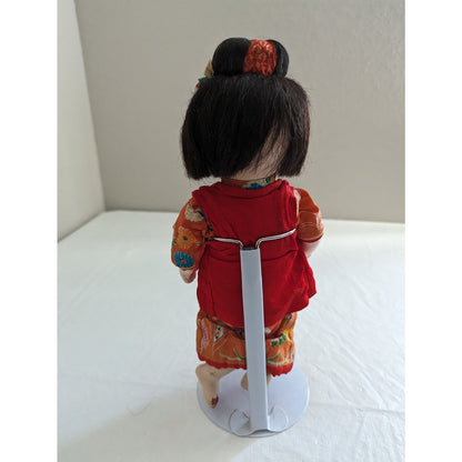 Vintage Japanese Ichimatsu Girl Doll Red Robe over Red Floral Print Kimono 12"