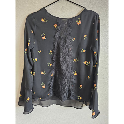 LC Lauren Conrad Womens Sz XS Long Sleeve Blouse Black Floral Print V Neck