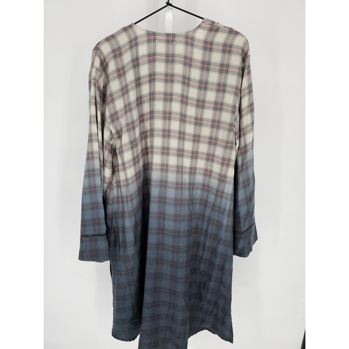 Maurices Womens Sz S Midi Length Open Front Cardigan Plaid Ombre Blue Tan