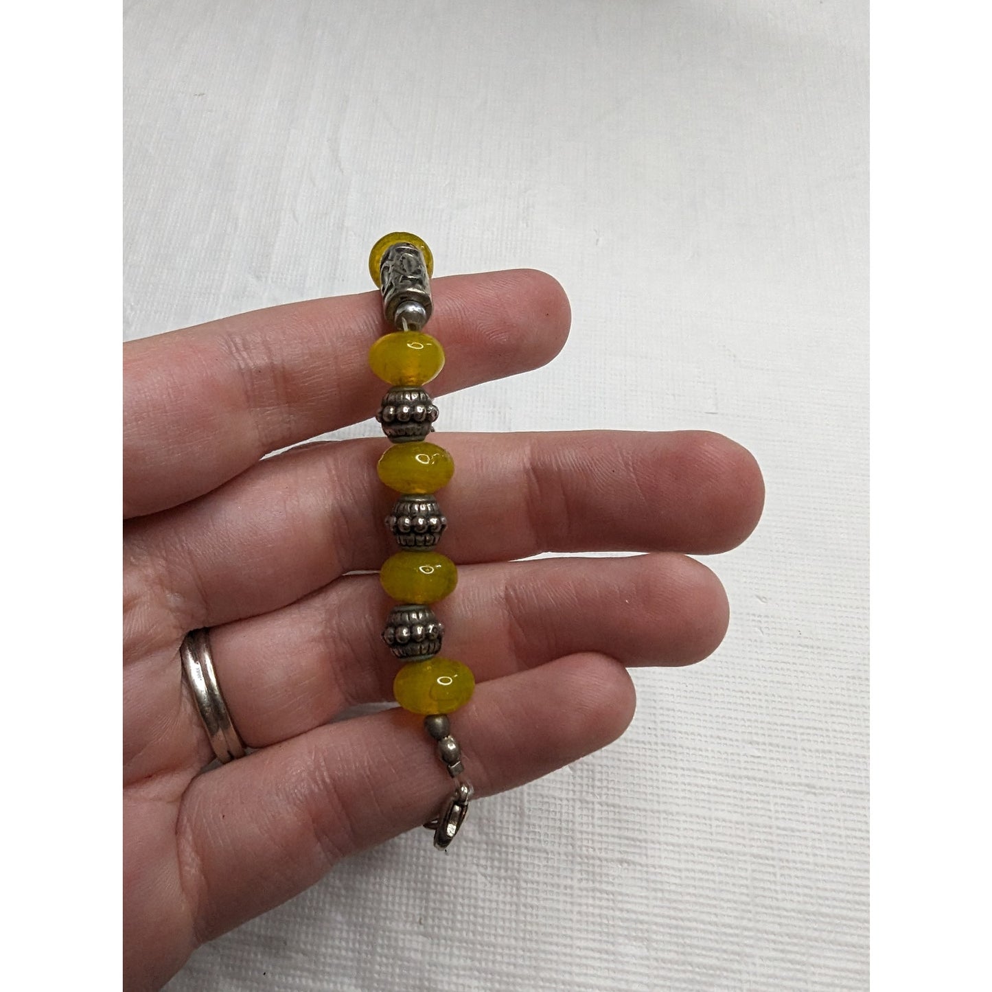 Vintage 1990s Single Strand Beaded Necklace Yellow Glass Beads Silver Metal