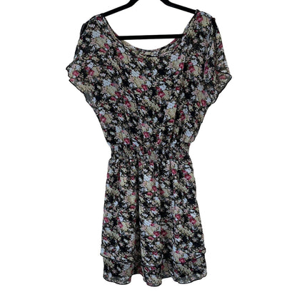 Express Womens Sz M Chiffon Floral Knee Length Dress Black Gold