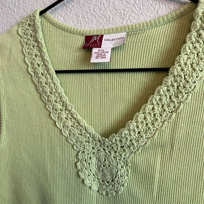 Vintage JM Collection Womens petite PL Ribbed Tank Top Light Green Crochet