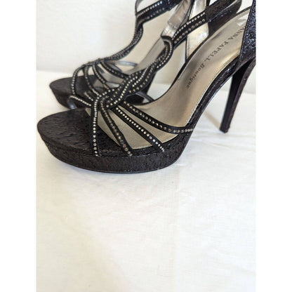 Adrianna Papell Boutique Sz 9.5 Platform Heels Black Silver Rhinestones Strappy