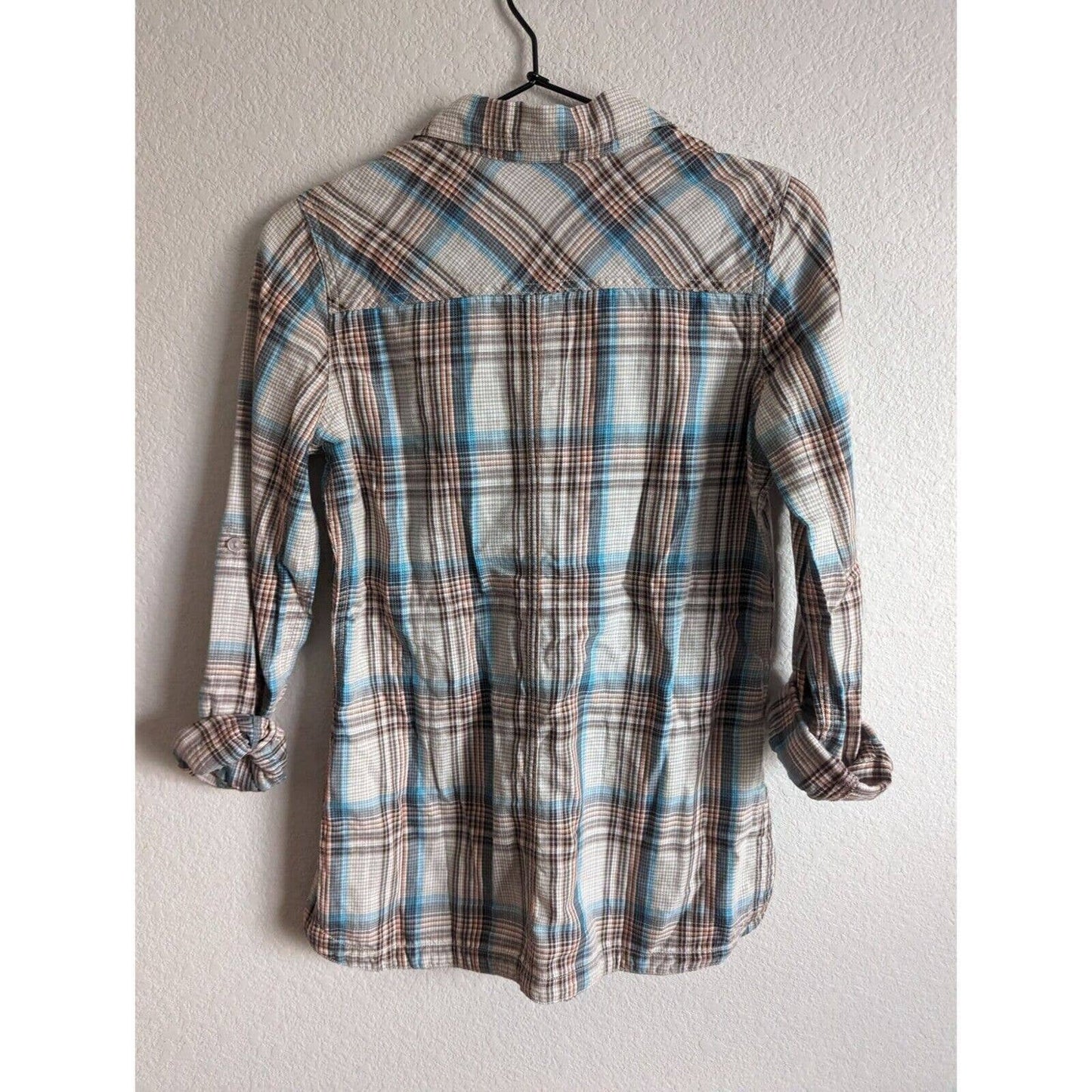 Royal Robbins Womens Sz XS Cotton Plaid Shirt Beige Brown Blue Tab Sleeve