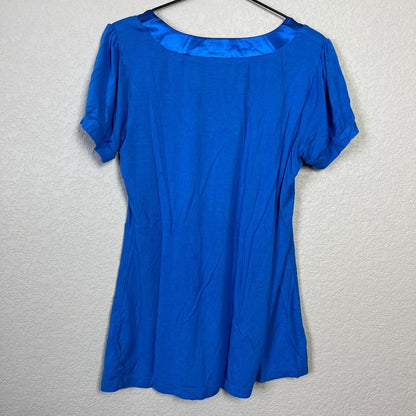 Maurices Womens Sz L Blue Blouse w/ Satin Trim Scoop Neck