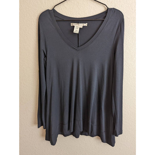 Max Studio Womens Sz S Dark Blue Long Sleeve V Neck Top Slinky Soft