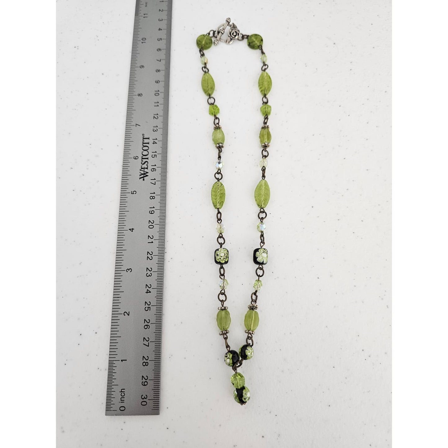 Vintage Lime Green Glass Beaded Necklace Silver Chain Art to Wear