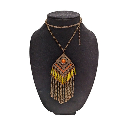 Vintage 1960s Aztec Style Beaded Fringe Statement Necklace Seedbead Bohemian