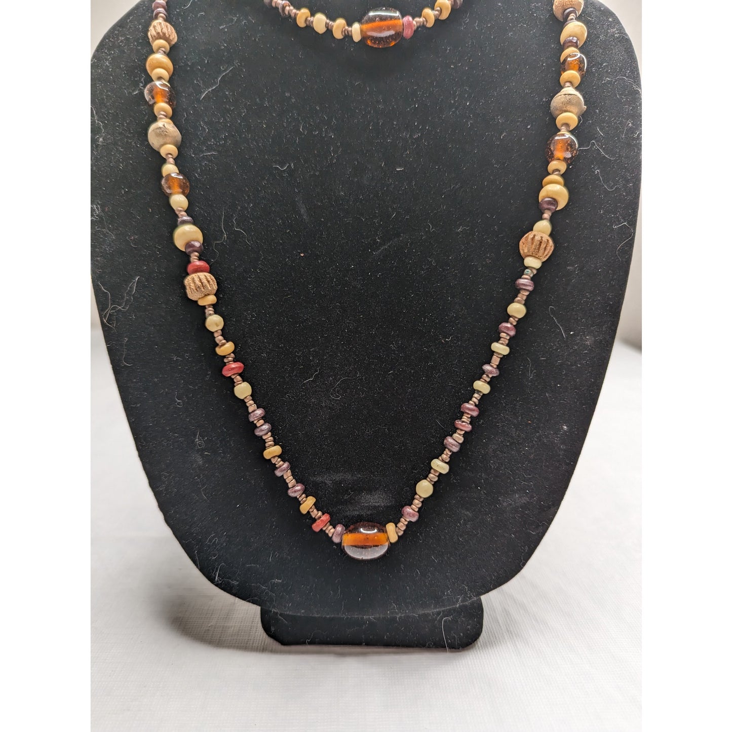 Mid Century Long Single Strand Beaded Necklace Neutral Colors Mixed Media