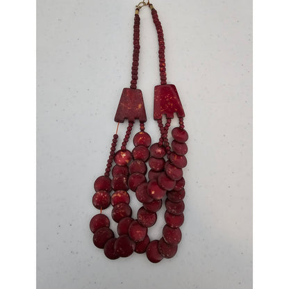 Vintage Mid Century Bold Multi Strand Wooden Bead Necklace Dark Red