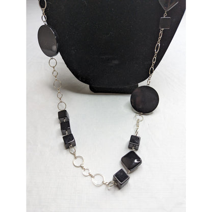 Vintage 1990s Geometric Single Strand Long Necklace Black and Silver