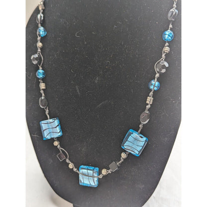 Vintage Blue and Black Glass Art Deco Beaded Necklace 1970s