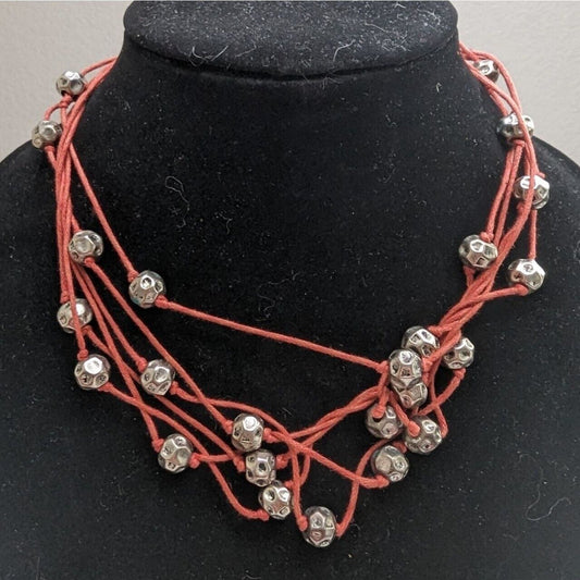 Vintage Multi Strand coral Rope Necklace w/ Silver Beads