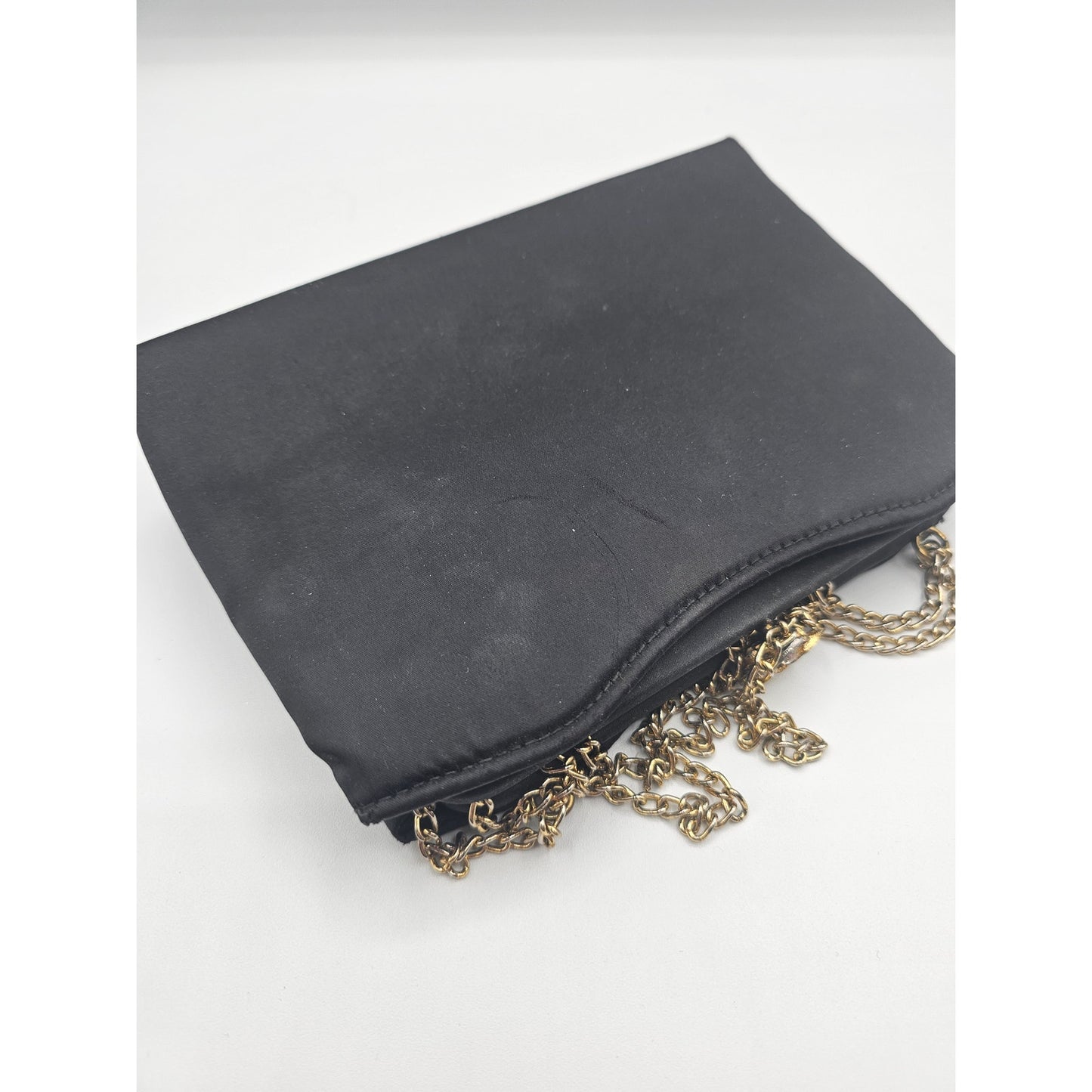 Vintage 1960s HL USA Womens Clamshell Clutch Formal Purse Black Gold Chain