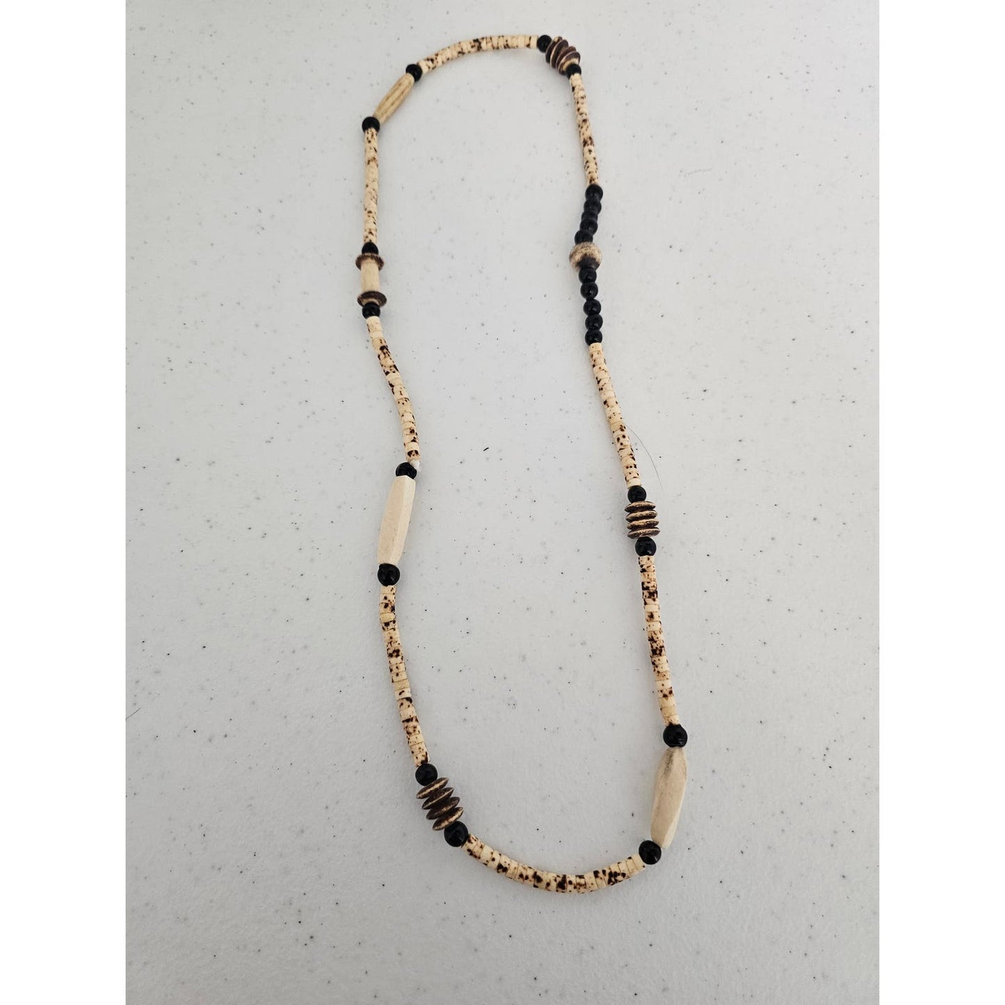 Vintage Mid Century Wooden Beaded Single Strand Necklace Beige Black Mod