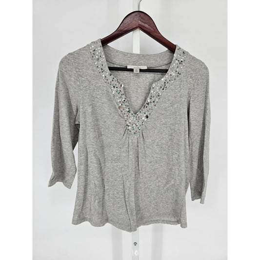 Caslon Womens Sz M 3/4 Sleeve Cotton Top Light Gray Sequin Embellished