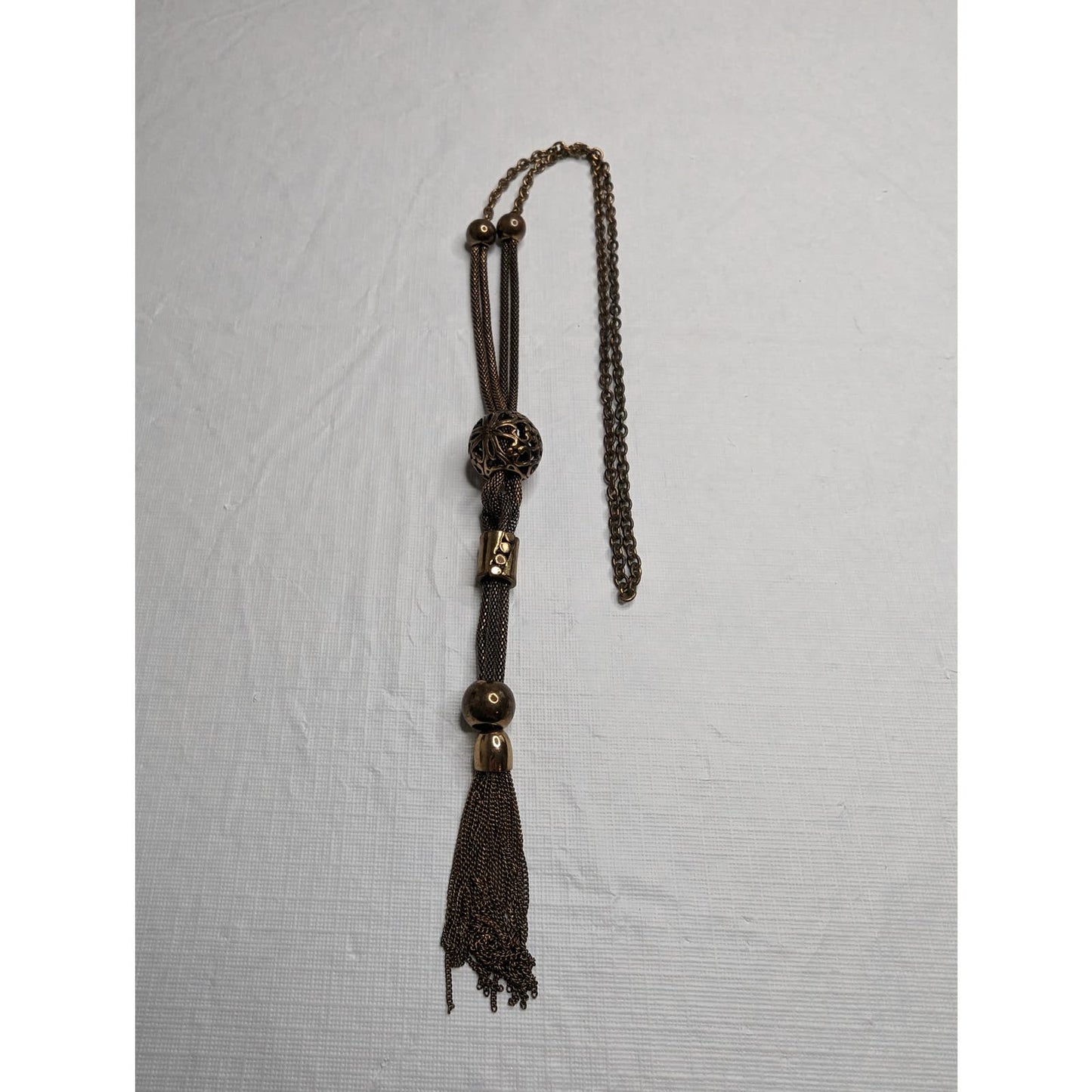 Vintage 1970s Dark Gold Chain Necklace w/ Long Tassel pendant