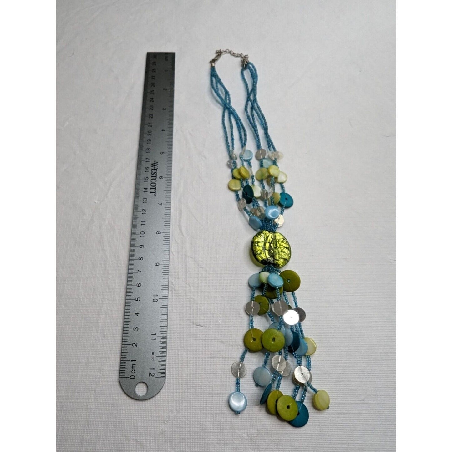 Vintage Multi Strand Seed Bead and Disc Bead Necklace Blue and Green