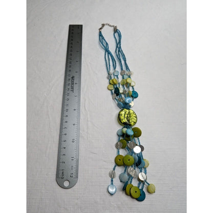 Vintage Multi Strand Seed Bead and Disc Bead Necklace Blue and Green