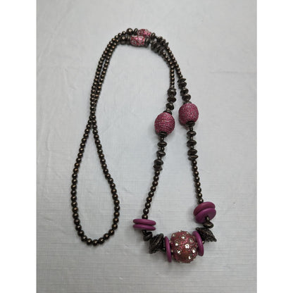 Vintage Y2K Chunky Long Single Strand Beaded Necklace Pink Gray Silver