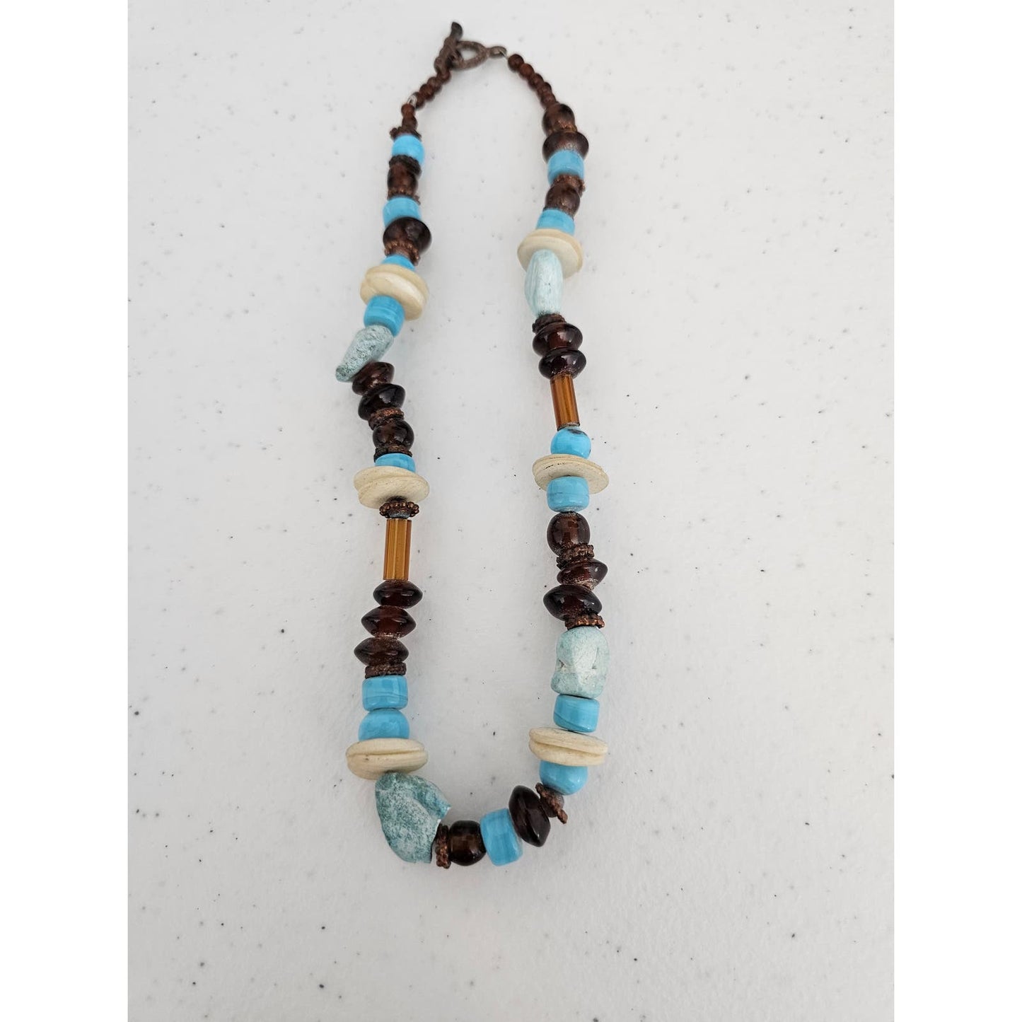 Vintage Mixed Media Single Strand Necklace Glass and Stone Brown Blue