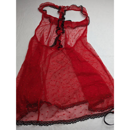 Vintage 1990s Womens Sz M Nightie Set Red Black Mesh Semi Sheer Y2K