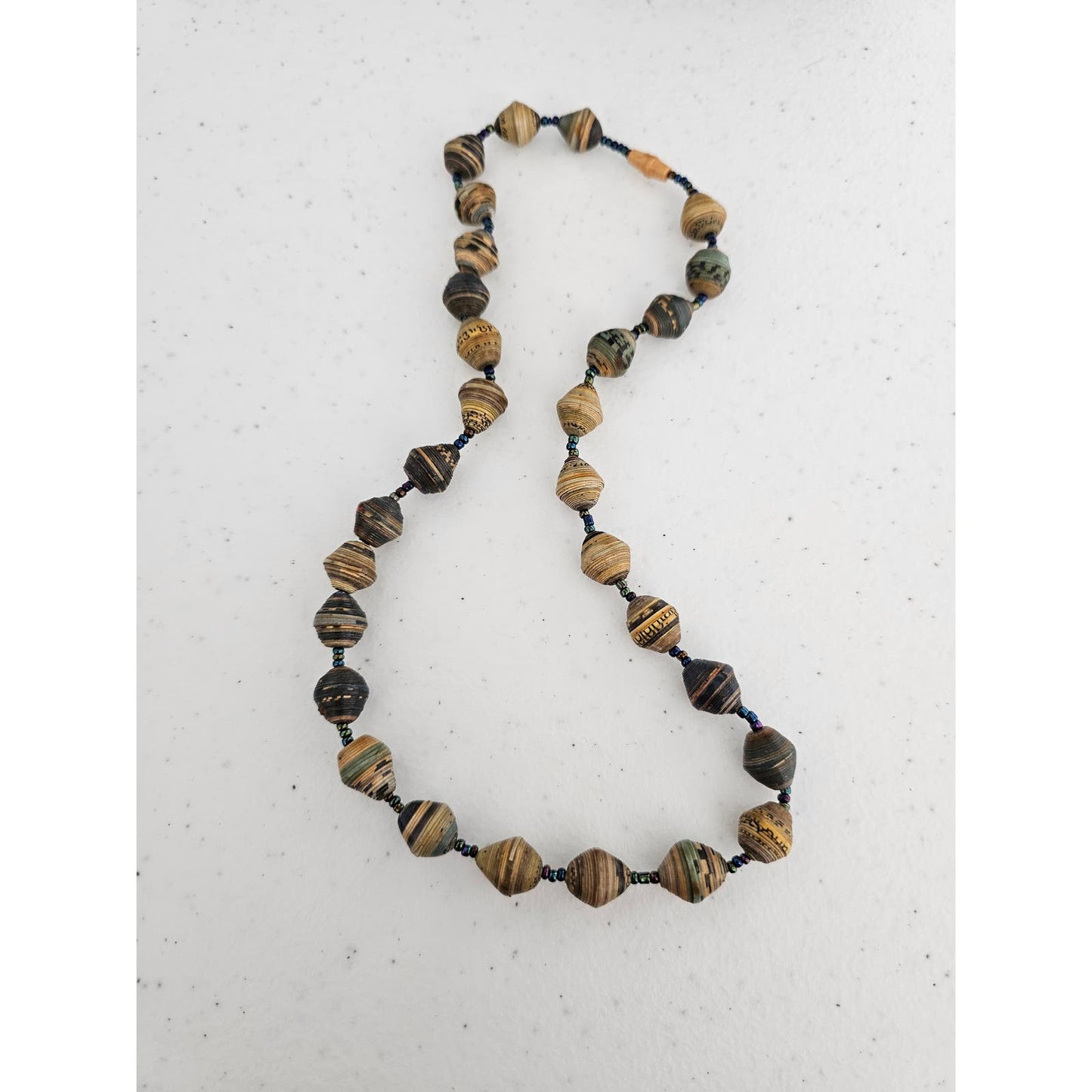 Vintage Single Strand Rolled Paper Style Beaded Necklace Brown Tan