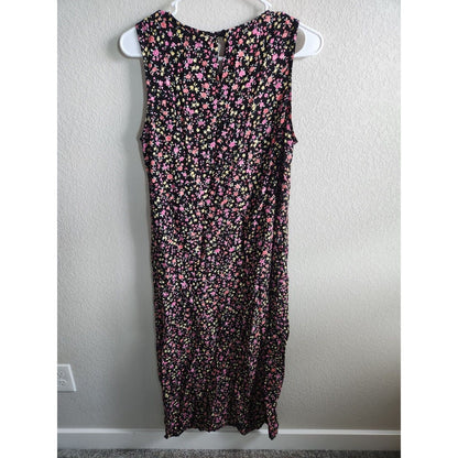 Vintage 1990s Studio Ease Womens Sz 12 Maxi Dress Black Pink Floral Sleeveless
