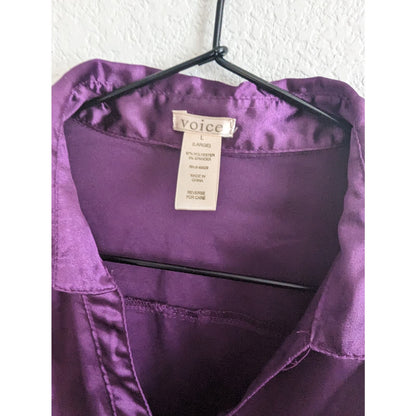 Vintage Y2K Voice Womens Sz L Satin Button Up Blouse Purple Metallic