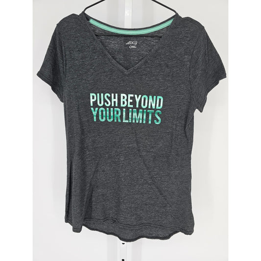 BCG Womens Sz L Short Sleeve V Neck T Shirt Push Beyond Your Limits Gray