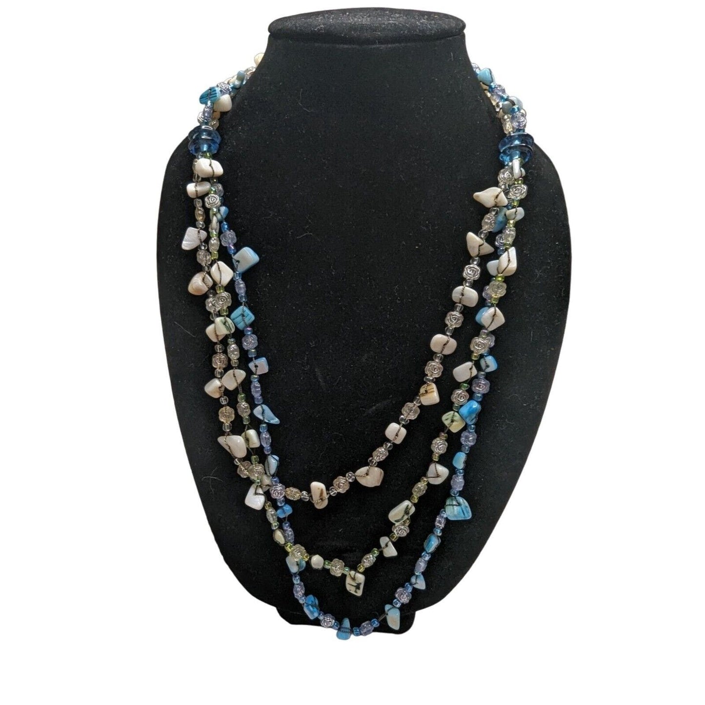 Vintage Multi Strand Beaded and Rock Necklace Blue Ivory Boho Layered