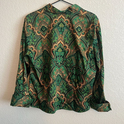 Jones New York Womens Sz M Button Down Blouse Green Gold Print