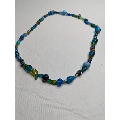 Vintage 1970s Single Strand Glass Beaded Necklace Blue and Green Nautical