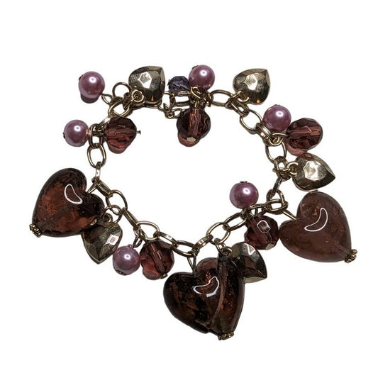 Vintage Y2K womens Chain Charm Bracelet Heart Shaped Glass Beads Purple