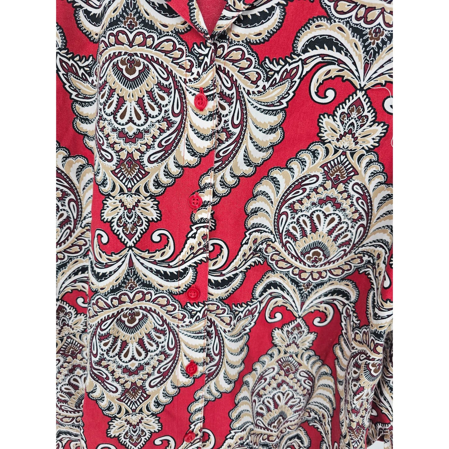 Chicos Womens Sz 2 (XXL) Long Sleeve Button Up Shirt Red Paisley Print No Iron