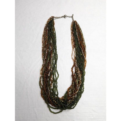 Vintage 1970s Multi Strand Seed Bead Necklace Green and Amber Glass Beads