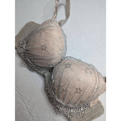 Vintage 1990s Womens Sz 32A Padded Sexy Bra Gray Beige Lace Push Up