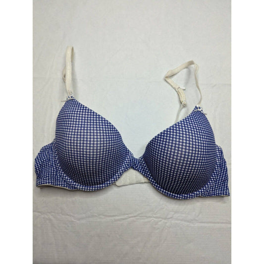 Vintage Y2K Faded Glory Womens Sz 36C Blue Plaid T Shirt Bra Cotton