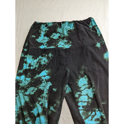 Womens OS One Size Leggings Black and Turquoise Tie Dye Print