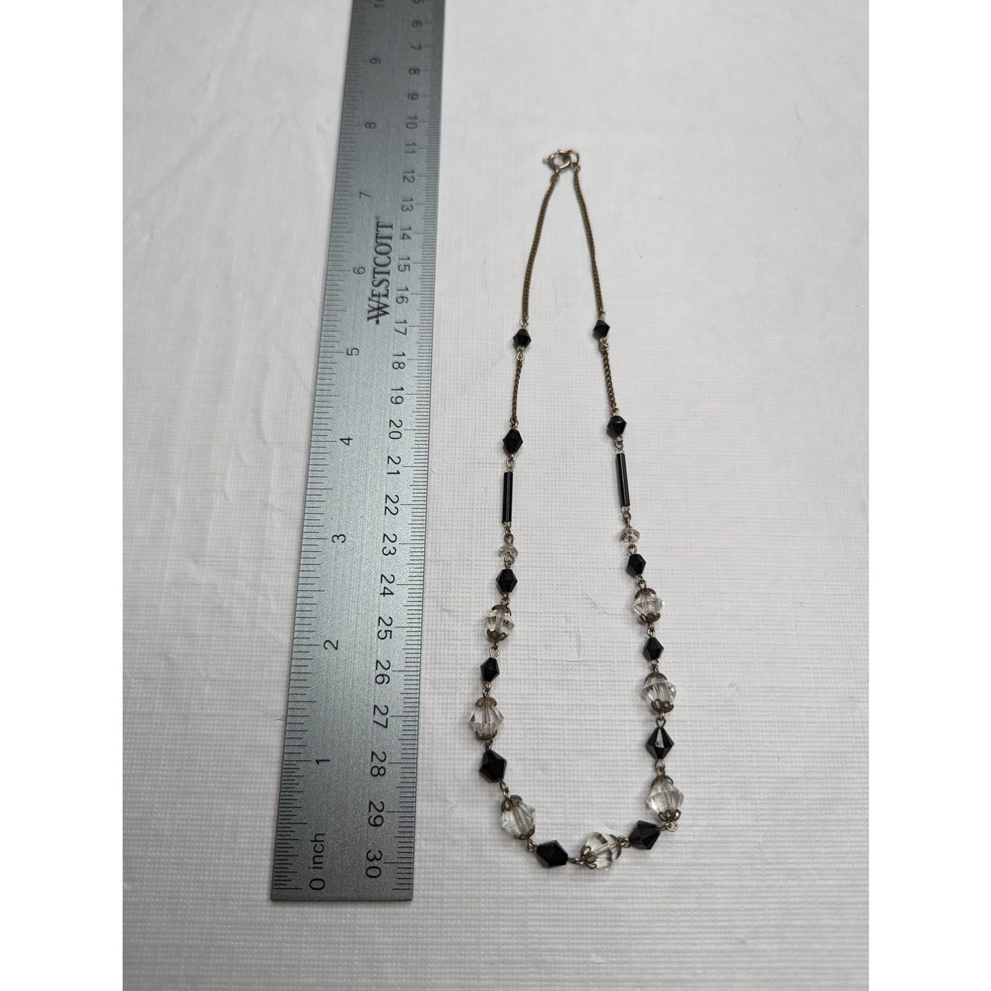 Vintage Single Strand Glass Beaded Necklace Black and Clear Chain