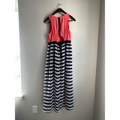 Xhilaration Womens Sz XL Maxi Dress Coral Pink Black Gray Striped Keyhole Back