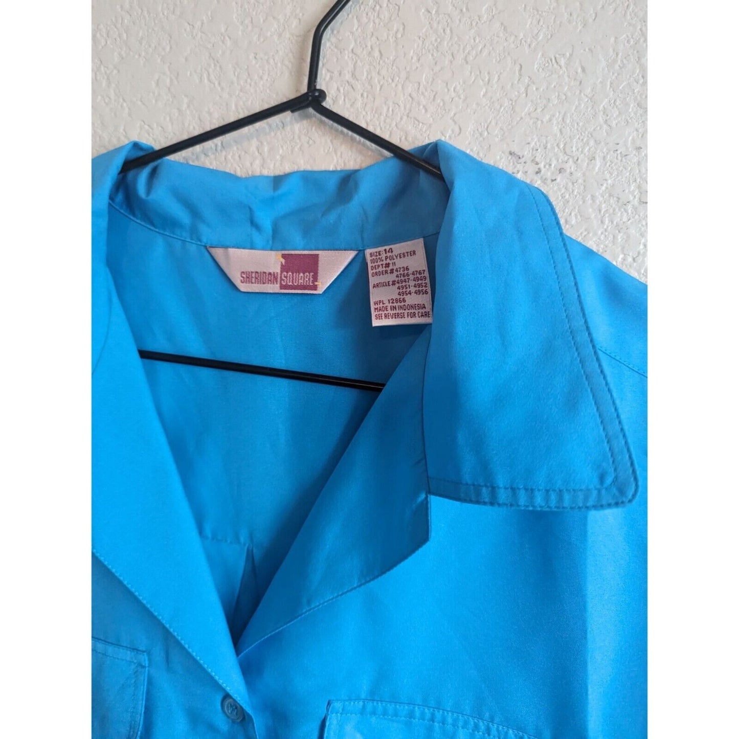 Vintage Sheridan Square Womens Sz 14 Button Up Short Sleeve Blouse Bright Blue