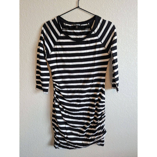 Express Womens Sz M 3/4 Sleeve Fitted Mini Dress Black White Striped