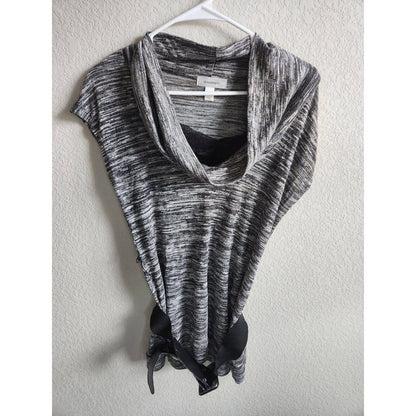 Dressbarn Womens Sz M Cowl Neck Short Sleeve Sweater Belted Gray Spacedye